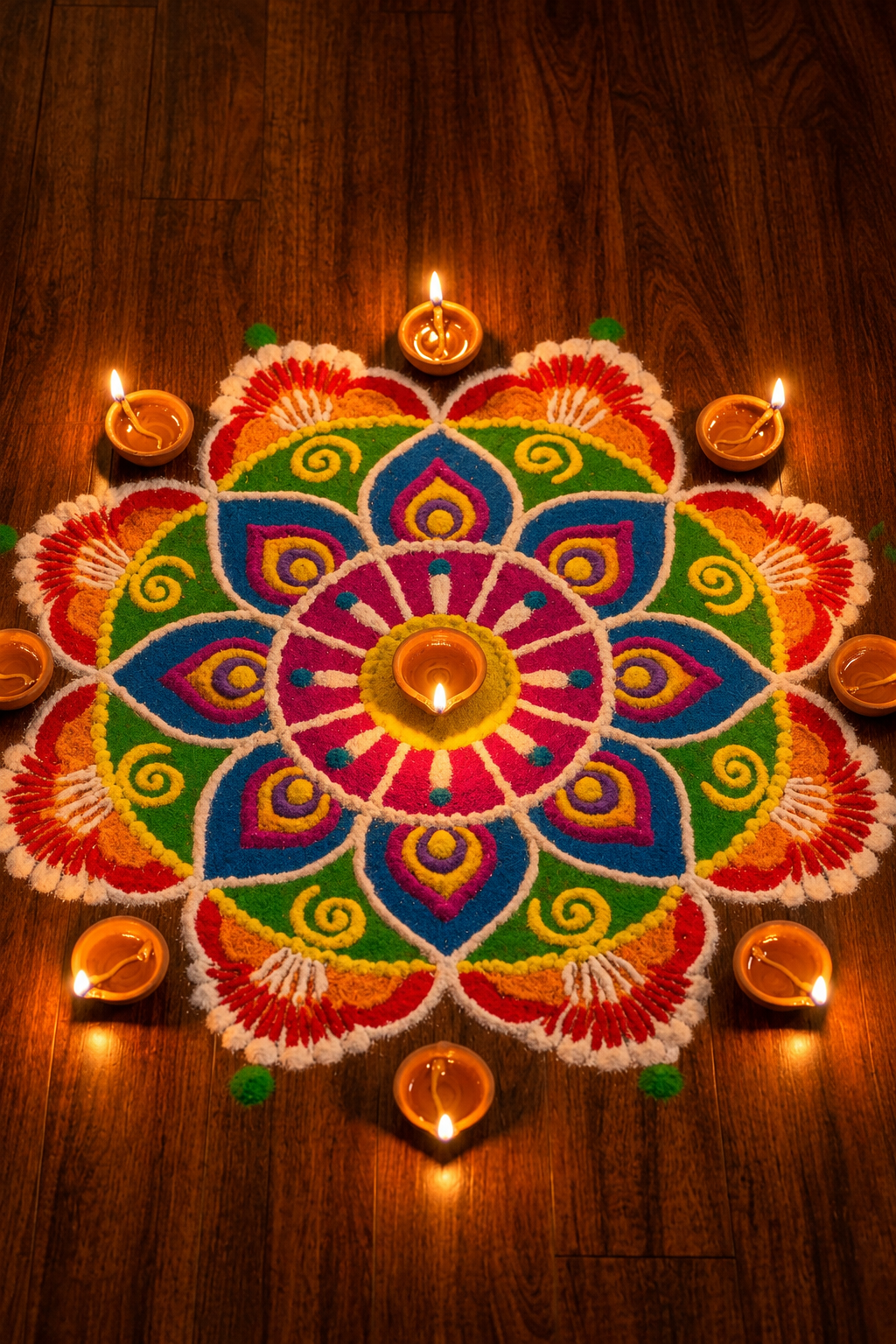 A colourful Diwali rangoli surrounded by lit diyas