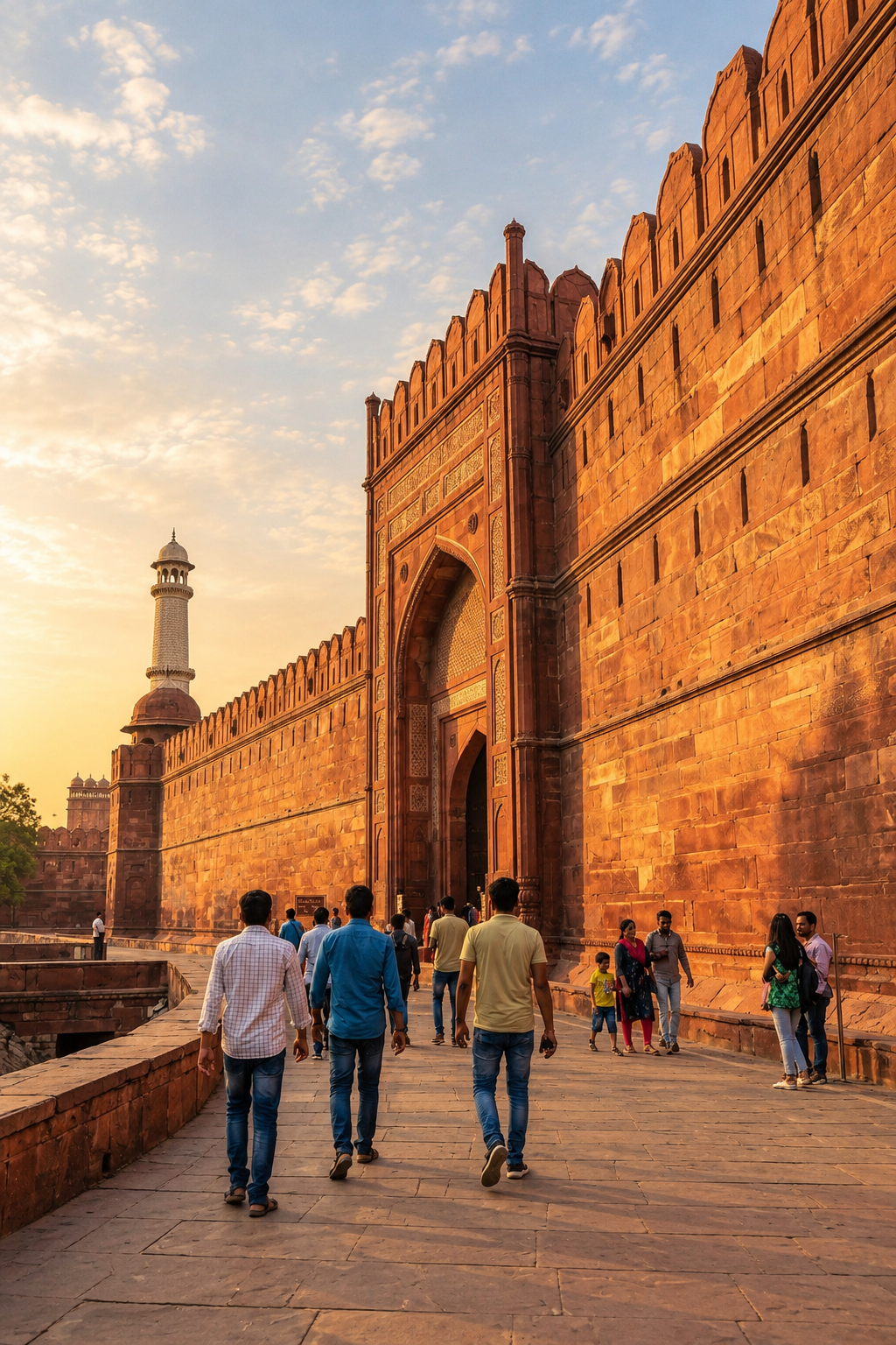 Visitors walking along the red sandstone walls of the Red Fort