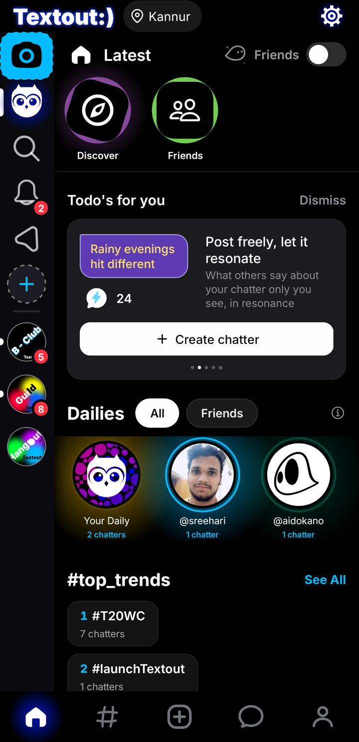 Textout home with todos, dailies and trends